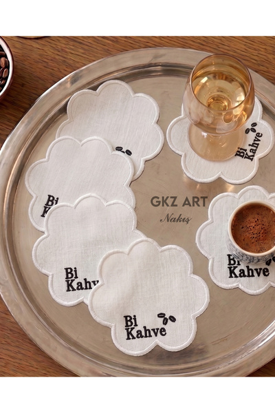 gkzglass home dekor 6 Adet Keten Kumaş Üzeri Nakışlı Kahve Yanı Kokteyl Peçet...