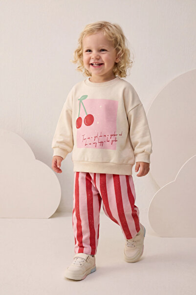 Minipodyum Baby Girl Top and Bottom Set with Striped Cherry Print