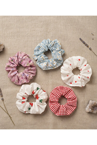 Se&On dizayn 5'li Set Karışık Desenli Kumaş Scrunchie Saç Tokası simit toka