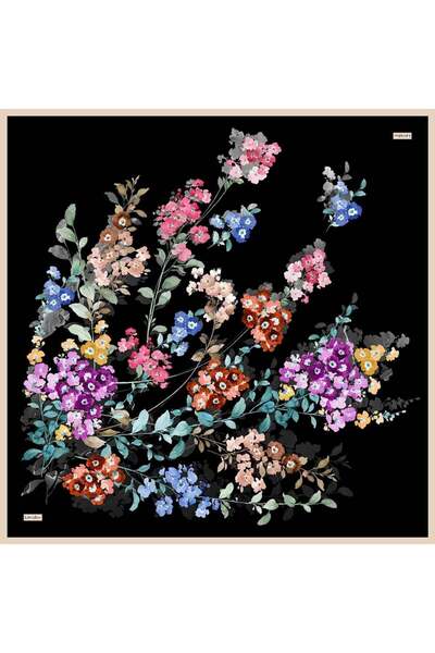 Levidor Black Flower Pattern Sura Silk Scarf