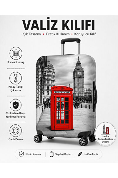 Magiclady Londra Telefon Kulübesi Desenli Valiz Kılıfı Esnek Kumaşlı Fermuarl...