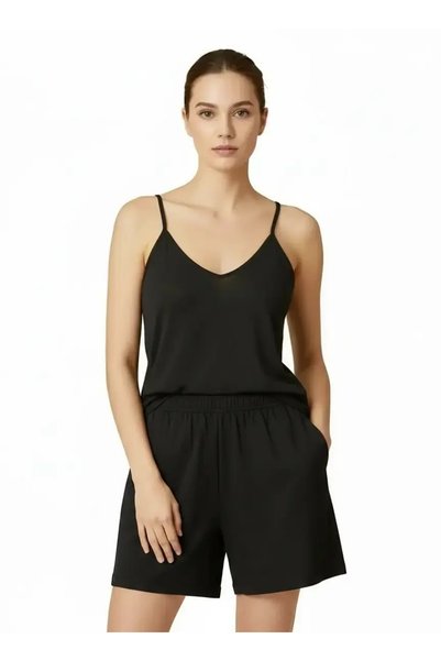 Sierra otantik Women's Black V-Neck Blouse Shorts Set Basic Home Combination