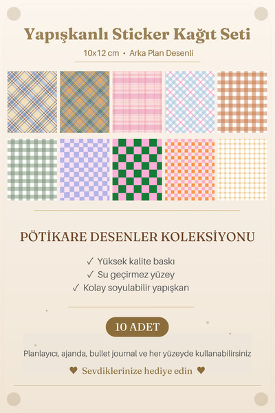 Mindpad 10'lu Pötikare, Ekose ve Kareli Arka Plan Desenli Yapışkanlı Çıkartma...