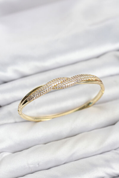 DMR Elegance Gold Color Zircon Stone Spiral Model Women's Handcuff Bracelet