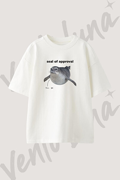 Vento Luna Fok_1 Tasarım Baskılı Unisex Oversize Kalıp Beyaz Tshirt