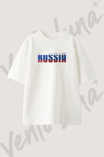 Vento Luna Russia Flag Tasarım Baskılı Unisex Oversize Kalıp Beyaz Tshirt