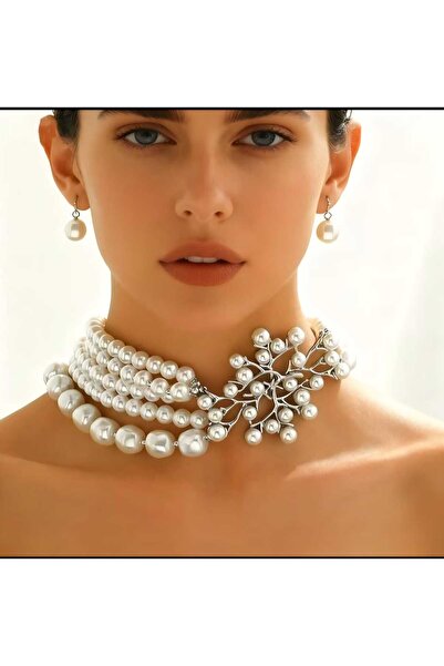 Ivory Pearl incili ağaç detaylı kolye ve küpe takımı.katmanlı gerdanlık.choke...