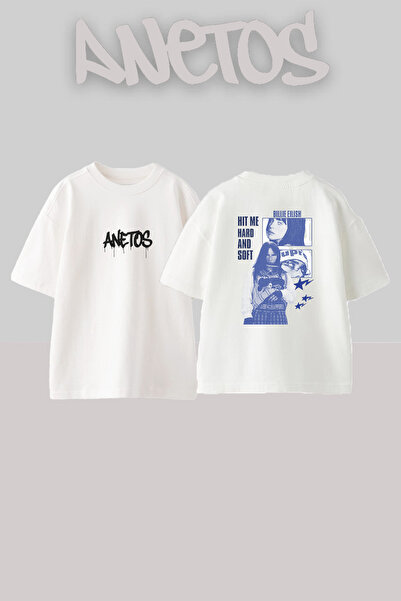 Anetos Billie Eilish_52 Λευκό μπλουζάκι με τυπωμένο σχέδιο Unisex Oversize