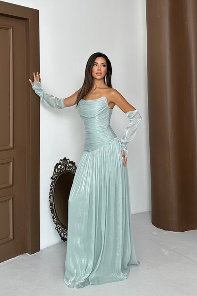 İyem Abiye Büzgülü Ve Kollu Straplez Valentino Organze Kumaş Şık Tasarım Abiy...