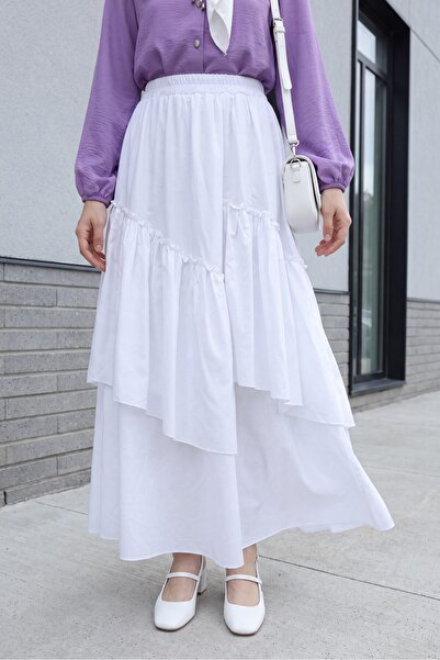 Modamorfo Elastic Waist Asymmetrical Ruffled Lined Voile Skirt -White