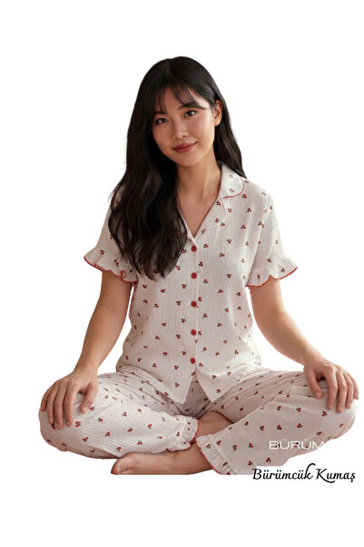 miosse Women's Shirt Collar Buttoned Wrinkled Pajama Set with Ruffles