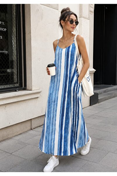 Budan Export Women's Striped Thin Strap Pocketed Lined Loose Fit Summer Maxi ...