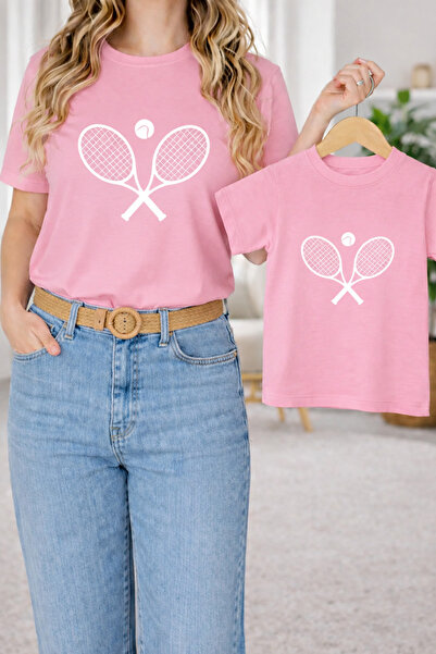 VODEXA Mother Daughter Combination Oversize Racket Printed T-Shirt Twin T-Shi...