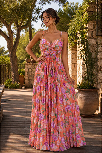 Divin store Rochie lunga din satin elastic plisat cu imprimeu floral