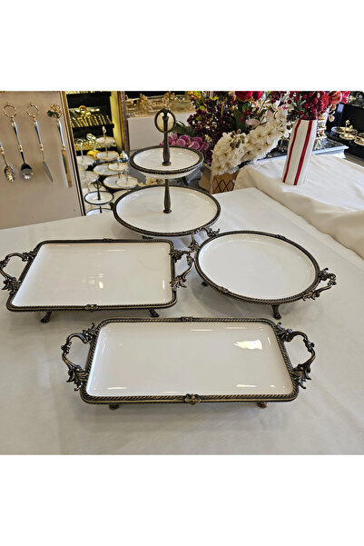 MaviDamla Cast Iron Edged Frame Porcelain Presentation Set with Stands Antique 4 Pieces