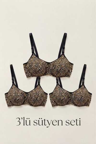 Brashop Set de 3 sutieni pentru femei, cu model leopard, fără sârmă, fără sus...