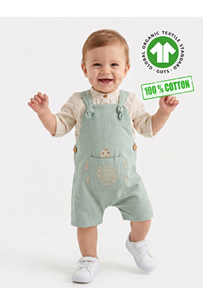 Kids Kingdom Cotton Turtle Detailed Pocketed Jumpsuit Salopet 2-Piece Baby Bo...