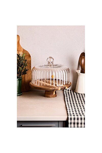 Empressco Glass Cake Dish with Acacia Stand, Footed, 28 Cm, Stylish and Elega...