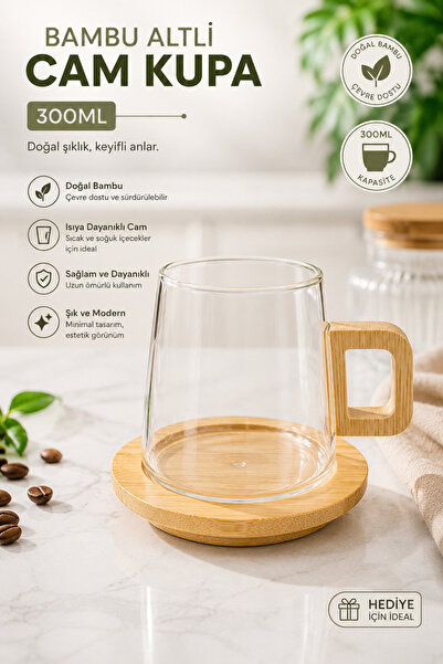 Evsun Home Collection Glass Mug with Bamboo Base 300ml