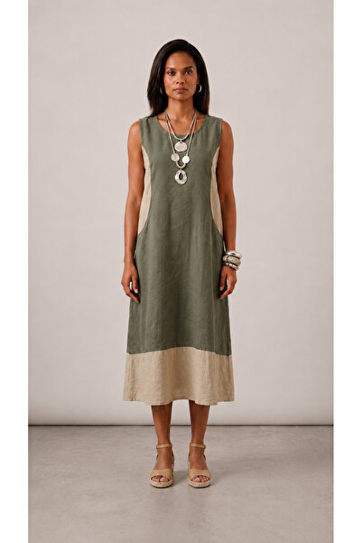 Bold & Young Khaki Beige Combination Modal Fabric Dress with Pockets