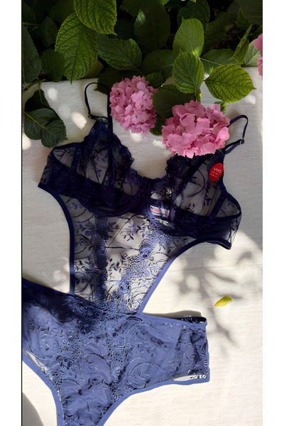 ARONA Büyük Beden Dantelli Lacivert Bodysuit