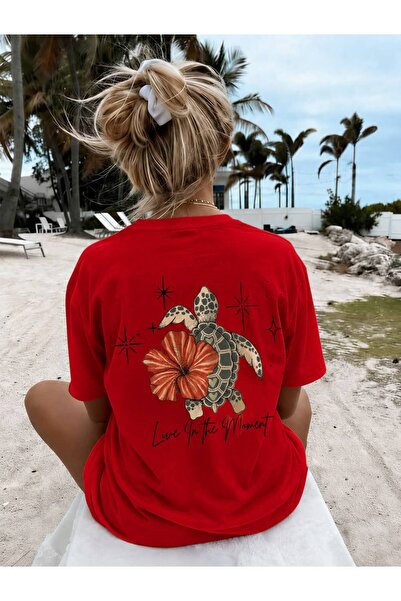 khufu Red Oversize Cotton T-Shirt with Turtle and Flower Print, Relaxed Fit, ...