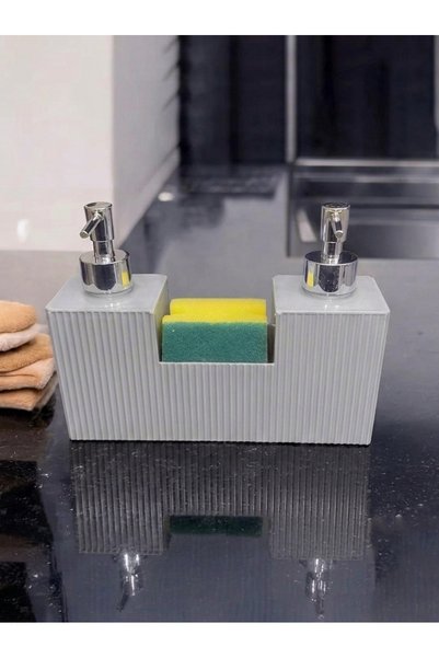 DOVİHOME 500 ml Double Chamber Gray Liquid Soap Dispenser, Detergent Dispenser and Sponge Holder
