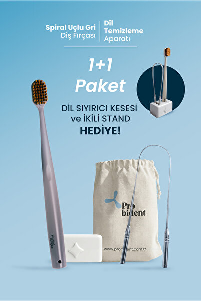 Probident 1+1 Paket Spiral Başlıklı Gri Diş Fırçası+ Dil Temizleme+ Kesesi ve...