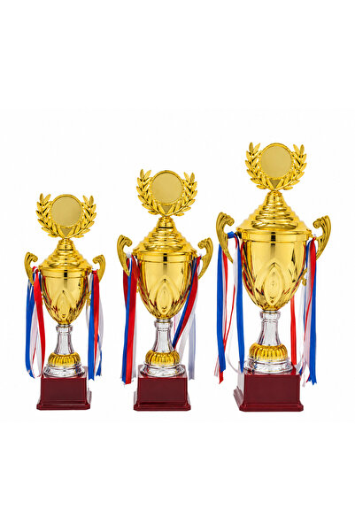 Generic 3-Piece Gold Trophy Cup Set with Medal Holder & Ribbons – 33 cm, 39 c...
