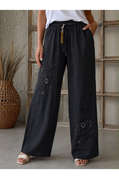 MENSAR OTANTİK Cotton Trousers with Floral and Heart Embroidery
