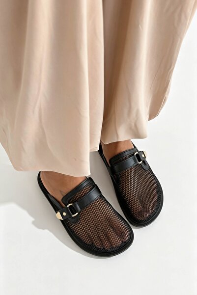 Shoebutik Marbella Black Buckle Detailed Mesh Women's Slippers