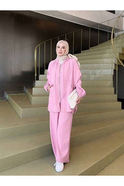 Trend Paris Kapüşonlu Fermuarlı İkili Takım Pembe