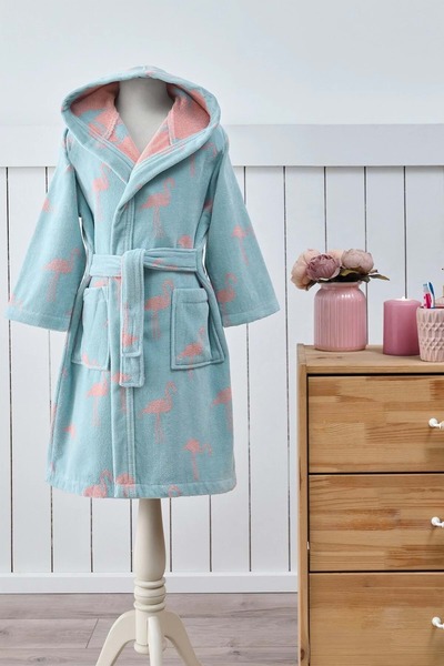 Özdilek 13/14 Years Old -Flamingo Mint- Girl's Hooded Velvet Cotton Bathrobe