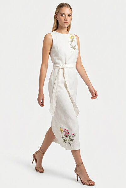 Exquise Pure Linen Belt Detailed Floral Embroidered Midi Dress