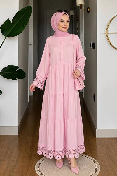 AZRA BUTİK Orchid Dress with Lace Detail on Sleeves and Hem in Pink