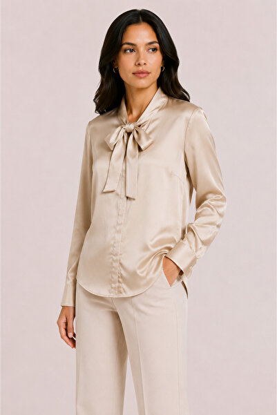 Basics&More Women's Scarf Collar Satin Shirt Long Sleeve Stylish Office Casua...