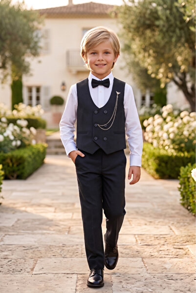 ALYRA Boys' Navy Blue Vest Suit with Bow Tie Wedding Birthday Eid Circumcisio...