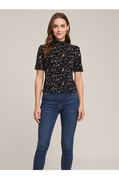 gökçesu Women's T-Shirt with Stretchy Texture, High Neck, Soft and Comfortable
