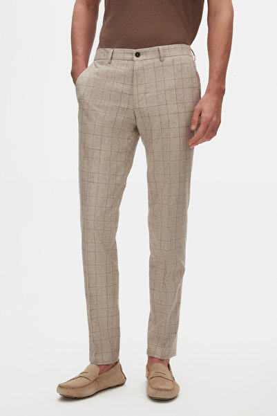 Damat Slim Fit Bej Ekose Yün Keten Karışımlı Kumaş Pantolon