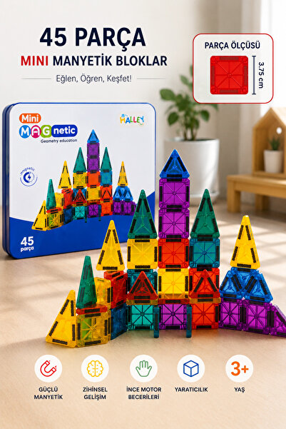 Halley Oyuncak 45 Parça Mini Manyetik Bloklar STEM Eğitici Geometrik Yapı Oyu...