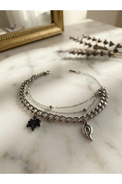 Meneva Aksesuar Multi-Design Leaf and Figure Detailed Steel Chain Bracelet
