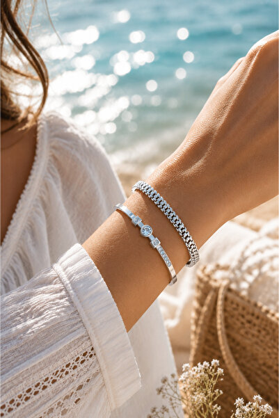 Adata Jewelry Altın Kaplama Çelik Zirkon Taşlı 2li Kombin Bileklik Kelepçe Go...