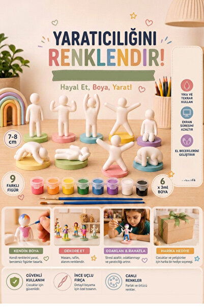 BRE HOME 9’lu Figür Boyama Seti – 6 Renk Boya ve Fırçalı Yaratıcı Hobi Kiti, ...