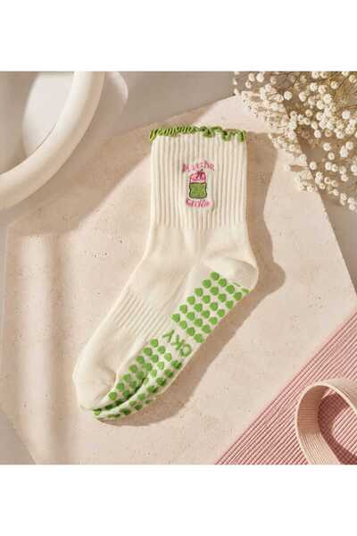 E&N Socks Matcha Girlie Nakışlı Kaydırmaz Pilates Çorabı