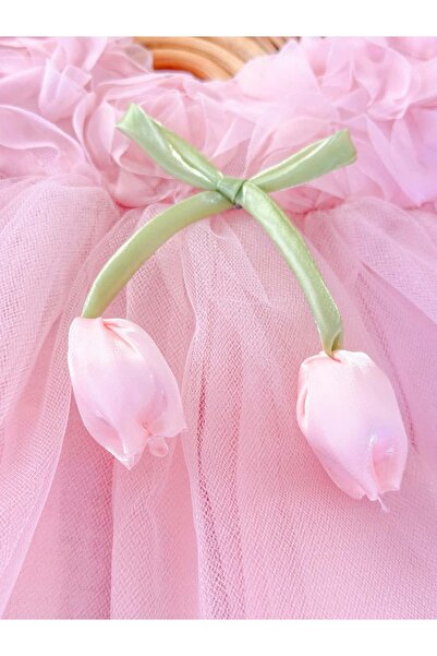 Pinkitokids Reyyan Tulip Detailed Girls' Dress (with a Gift Bow)