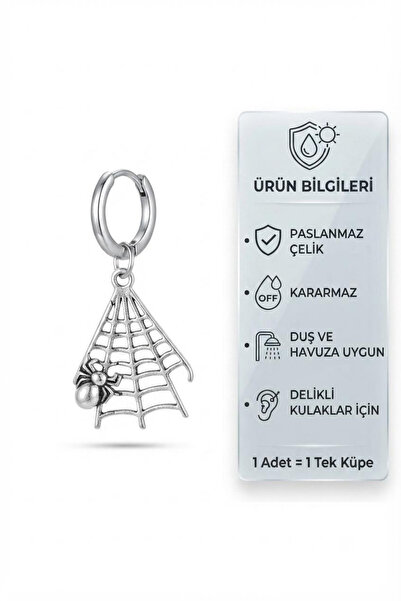 Blisse Piercing Unisex Gümüş Renk Örümcek Ağı Figürlü Sallantılı Çelik Halka ...