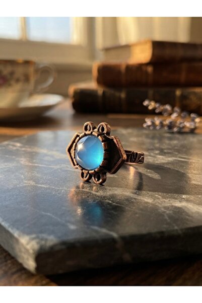 Meneva Aksesuar Adjustable Authentic Copper Ring with Blue Cat's Eye Stone