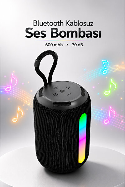Badem10 Taşınabilir Siyah Bluetooth Hoparlör Ses Bombası RGB LED Işıklı USB T...
