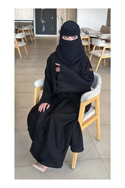 HYX عباية نسائية سوداء من إيلينا البوروج بأكمام مطوية، تصميم خليجي عصري واسع