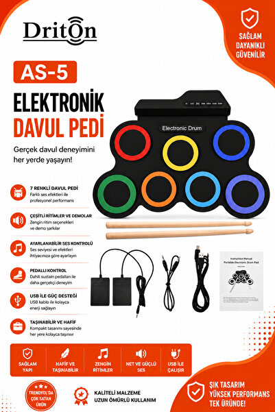 DRİTON AS-05 Digital Elektronik Davul Seti Usb Şarjlı Pedallı Katlanabilir El...